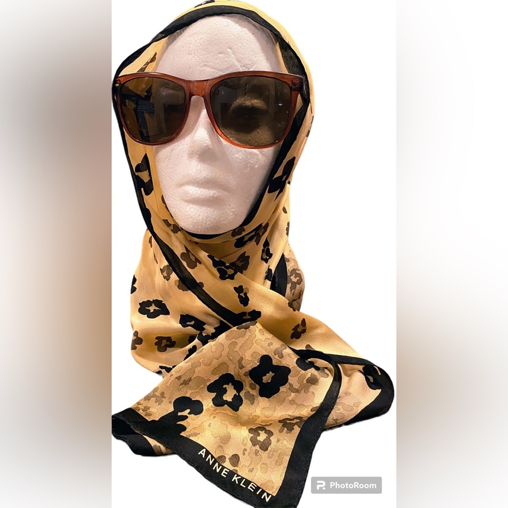 Anne Klein~Authentic Animal Print Silk Scarf Cream/Tan/Black, Signature/Logo - Picture 1 of 6